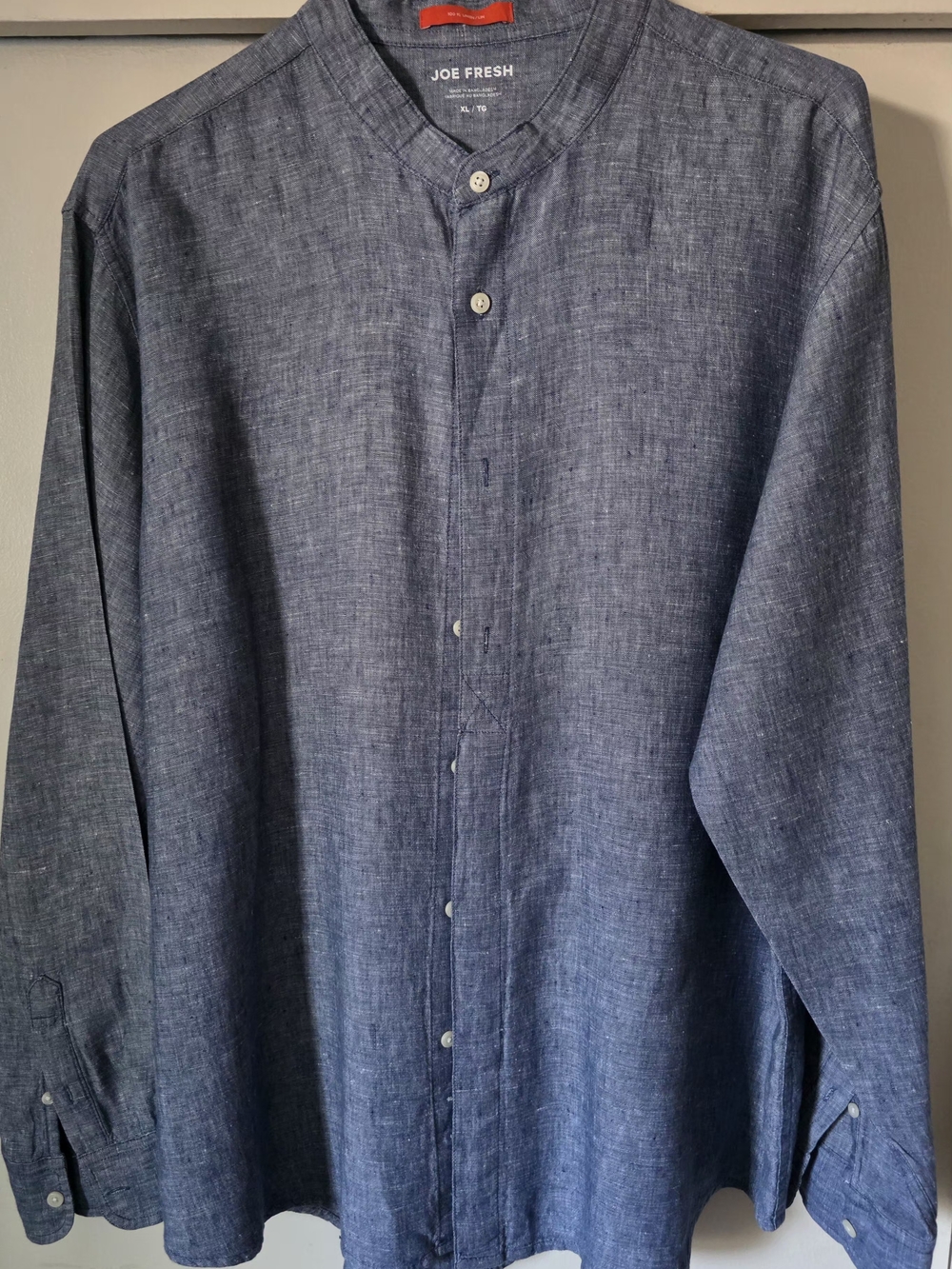 Joe Fresh Men's Navy Blue Linen-Blend Grandad Collar Shirt